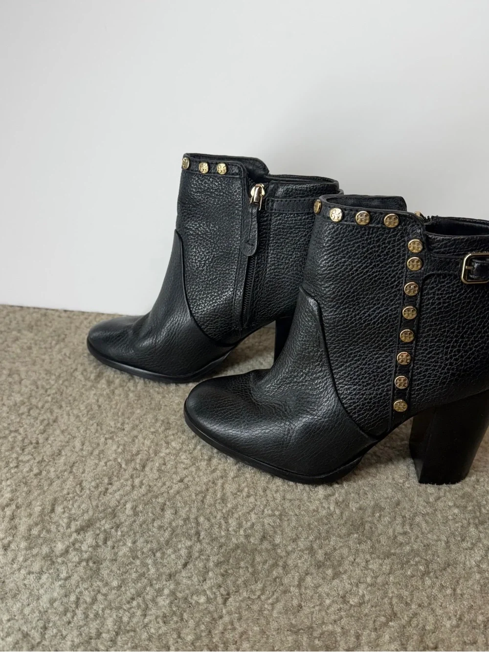 Tory Burch Black Pebbled Leather Studded Ankle Boots  5M